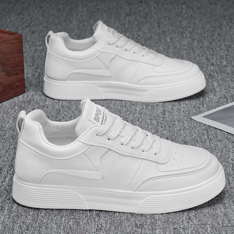 Men's Classic White Lace-Up Casual Trainers - PU Upper, Durable PVC Sole, Comfortable Insole, Outdoor Ready Footwear for Office & Gym, Easy-to-Clean Training Shoes, Walking Shoes, Sports Shoes