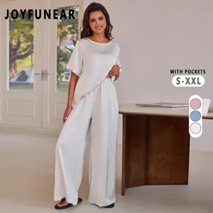 Joyfunear Women's Satin Silk Casual Summer Set Short Sleeve Hoodie with Loose Straight Pants Set Soft and Comfortable Home Clothes