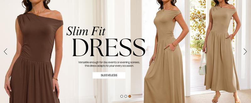 ZESICA Women's Summer 2025 Sleeveless Maxi Dress One Shoulder Casual Slim Swing Pleated Formal Dresses with Pockets