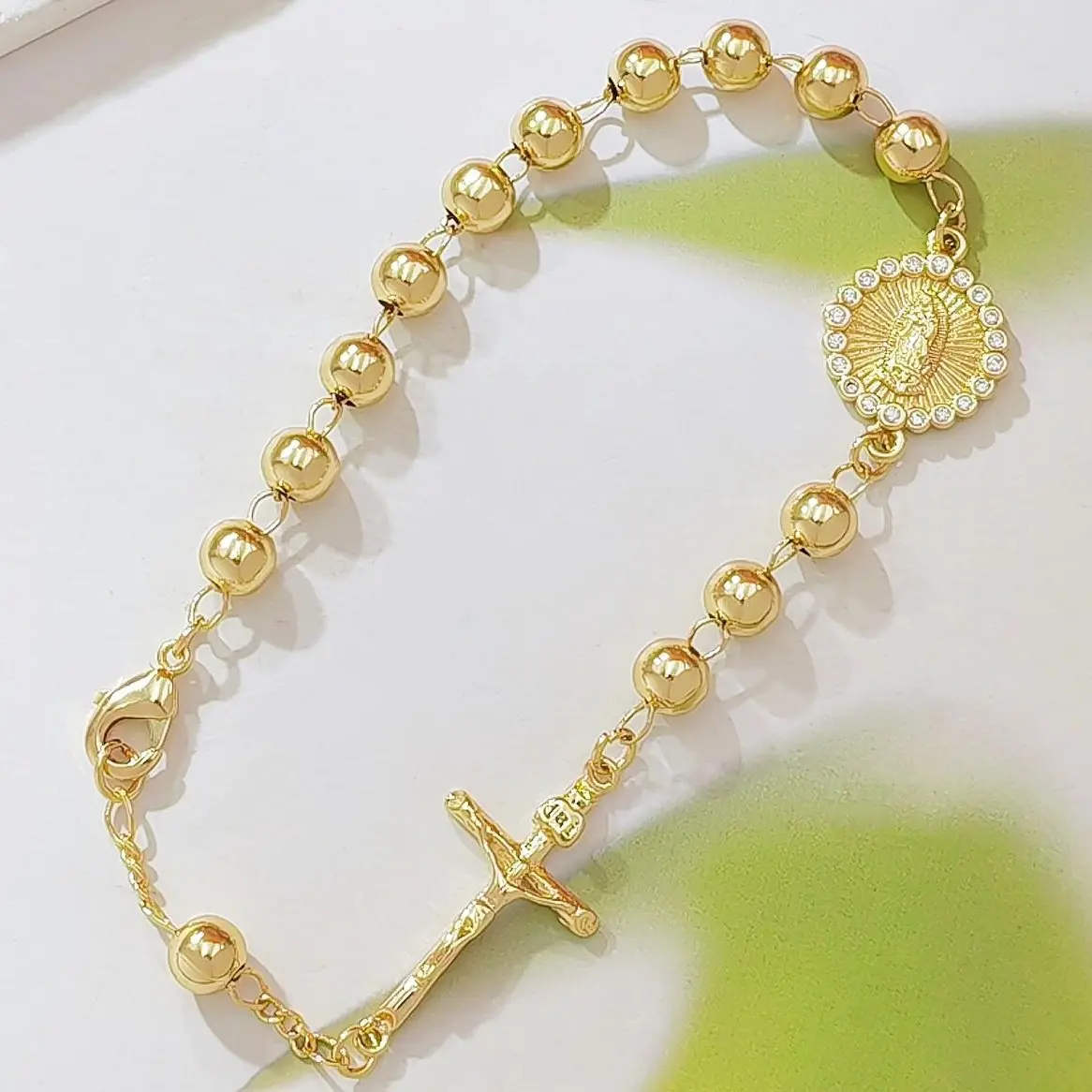 14K Gold Plated CZ Guadalupe Virgin Mary Rosary Bracelet, Catholic Cross Beaded Ball Chain Bracelet for Women, Religious Faith Adjustable Jewelry
