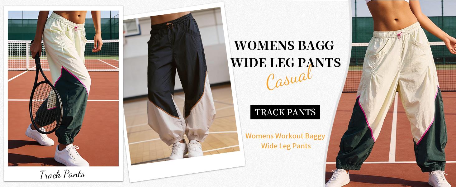 WoodBerry Women’s Slouchy Wide Leg Pants Elastic Adjustable Drawstring Waist Lightweight Quick Dry Sweatpants with Pockets Colorblock Loose Workout Track Pants