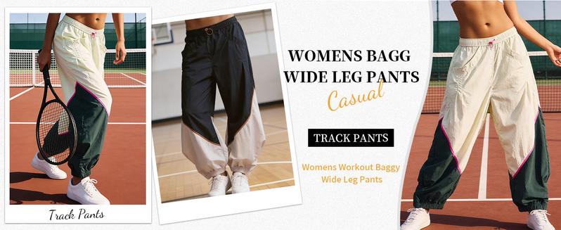 WoodBerry Women’s Slouchy Wide Leg Pants Elastic Adjustable Drawstring Waist Lightweight Quick Dry Sweatpants with Pockets Colorblock Loose Workout Track Pants