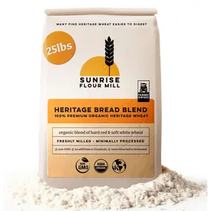 Sunrise Flour Mill Heritage Organic Bread Flour Blend 25 lbs USDA Organic High Protein Nutty Flavor Easy Digestion Less Bloating Superior Baking