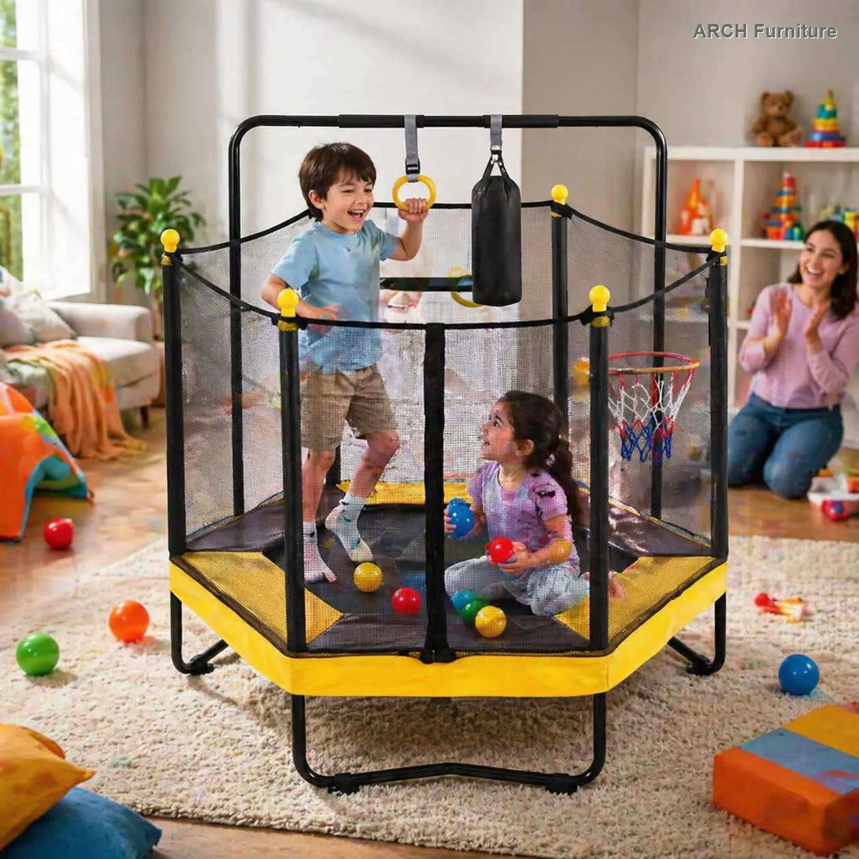 Kids Recreational Trampoline with Sturdy Iron Frame, 54-Inch 5-in-1 Bounce Playset with Safety Enclosure, Basketball Hoop, Adjustable Gymnastics Bar, Rings & Punching Bag, Indoor Outdoor Toy for Toddlers Ages 1-8