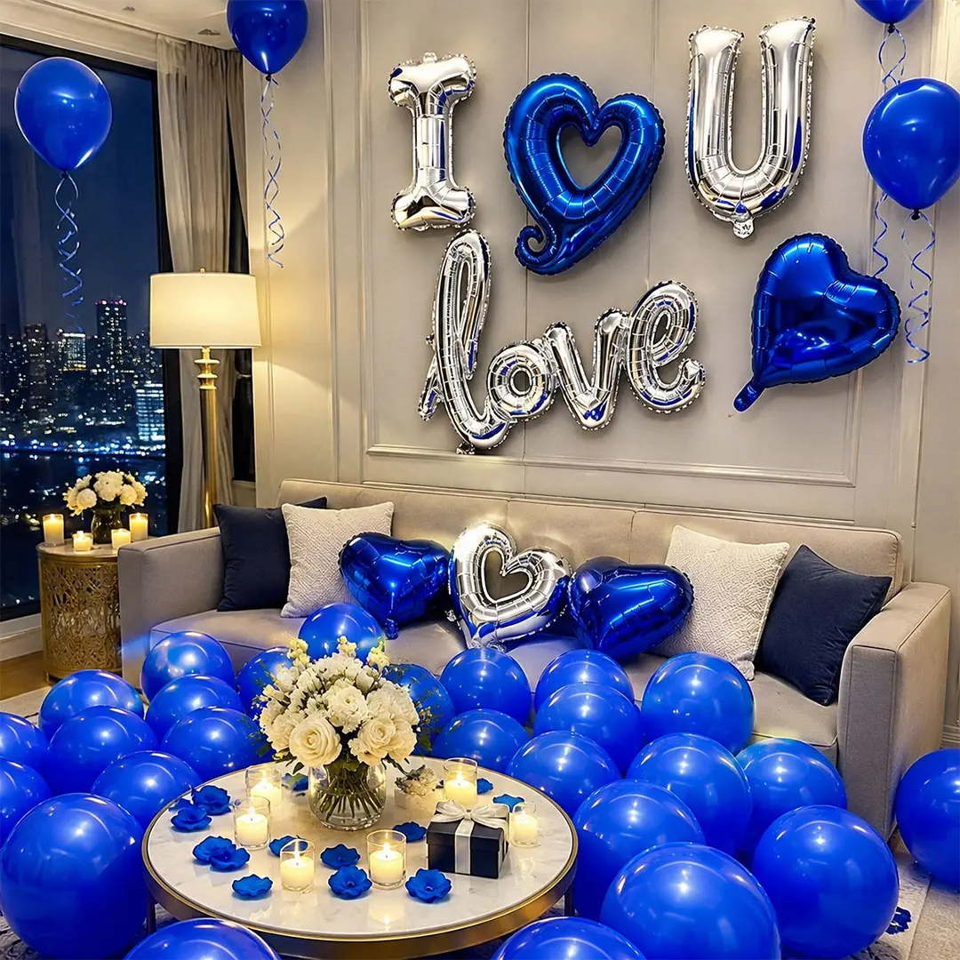 I Love You Balloons for Him/Her Balloons Royal Blue Sliver romantic balloon kit with blue heart mylar balloons blue rose petals for hotel Decorations Valentines Party wedding anniversary supplies