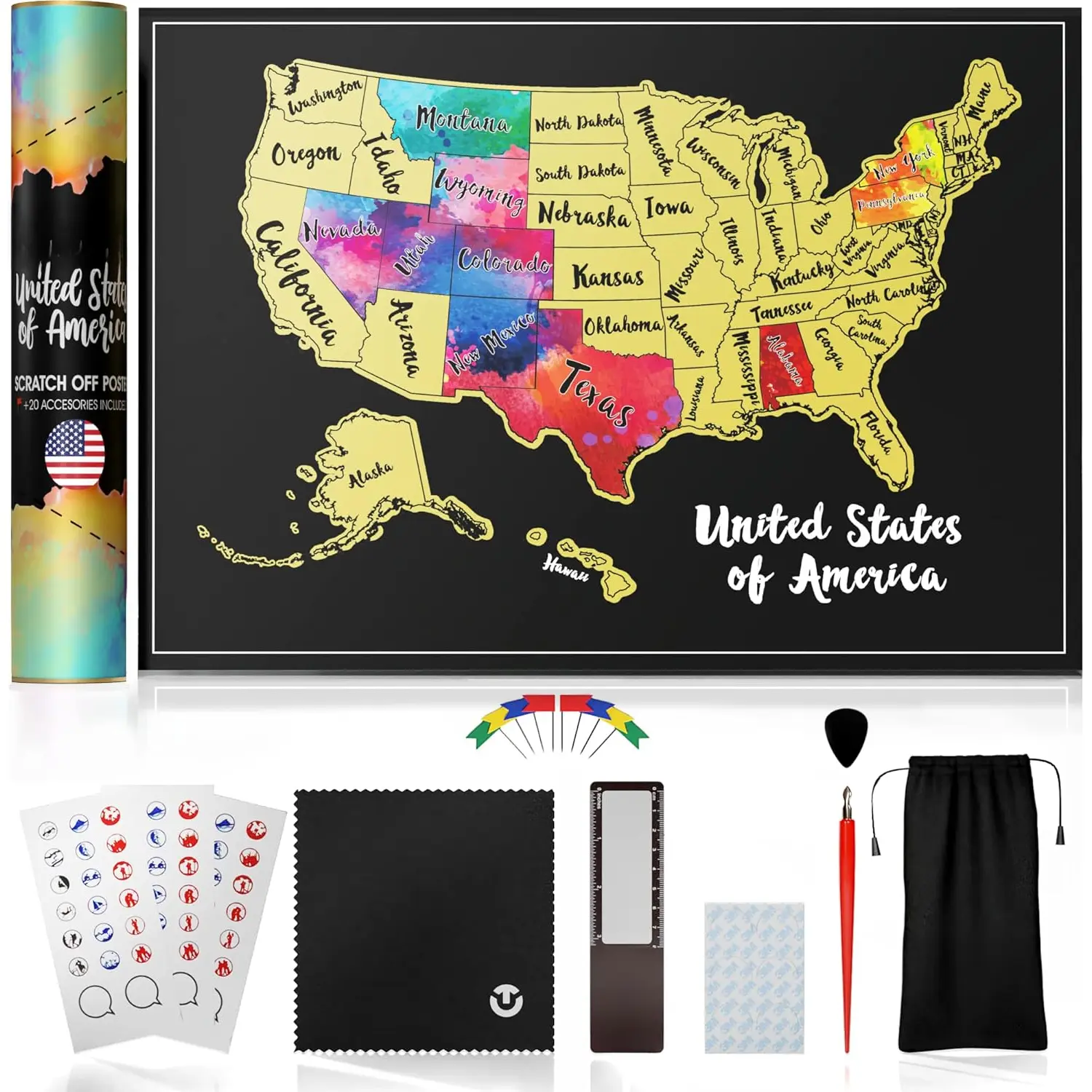 Scratch Off Map Poster, 12x17in Office-School Stationery, 25 Accessories, Colorful Watercolor Painting Print, Adhesive Stickers, Artistic Wall Decoration, Explorer Travel Art Tracker