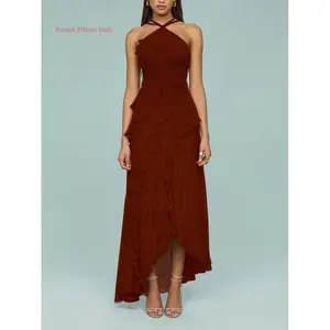 Women's Summer Sexy Ruffled Pleated Halter Neck Strapless Backless Dress, Sleeveless Solid Color Long Flowy Dress