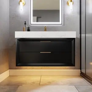 Glam 36" Black Floating Vanity 36 Modern Bathroom Cabinet with Lights and Stone Slab Countertop, Single Sink