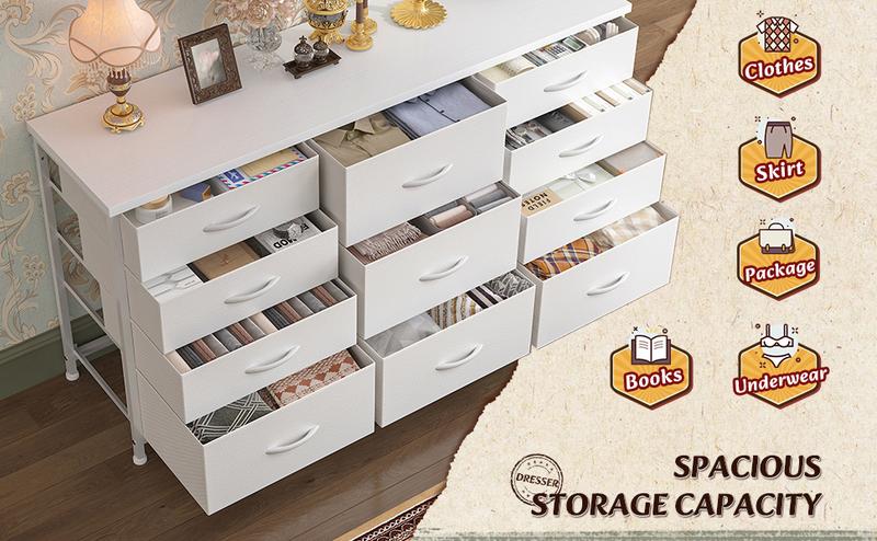 RaybeeFurniture Dresser for Bedroom with 11 Fabric Drawers, Dresser TV Stand for 50, 55 Inch TV, Storage Chest of Drawers, Closet, Entryway, Sturdy Metal Frame & Wood Top