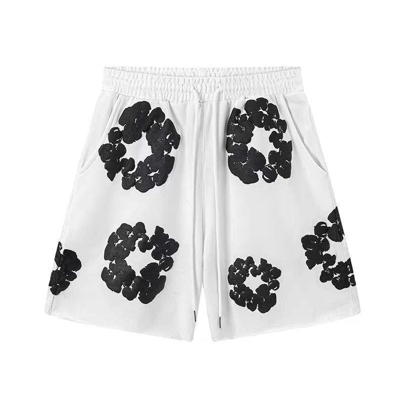 Denim Tears  Kapok Foam Print Men's & Women's American High Street Loose Shorts | Brand New 3D Cotton Wreath Print Shorts | Floral Pattern Drawstring High-Waist Casual Pocket Shorts