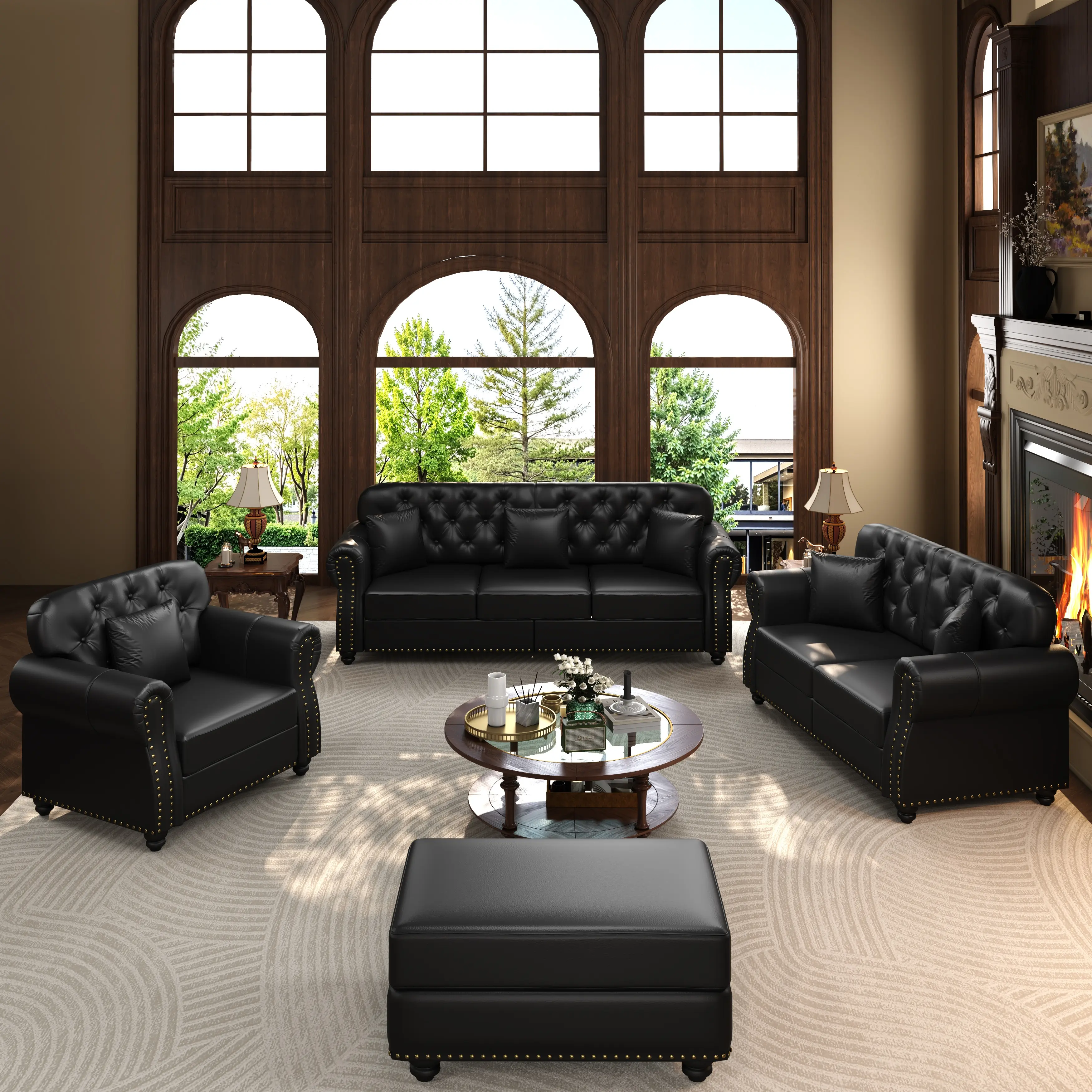 Upholstered Faux Leather Sofa with Nailhead Trim and Rolled Armrests,Mid-Century Modern Chesterfield Sofa with Button Tufted