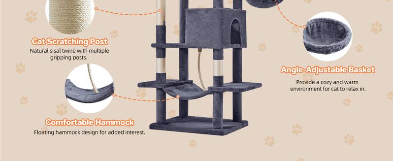 Sweetcrispy Cat Tree with Cat Condo and Big Hammock - 22.44"x13.78"x39.37"H, Faux Fur, Natural Sisal Posts, Hanging Ball, Removable Hammock