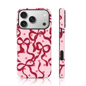 Romantic Pink Bow And Heart Pattern Glossy Anti-Drop Two-In-One Phone Case,Compatible with iPhone 17 Pro Max Phone Case 17 Air 16E 16 15 Plus 14 13 12 11 X XS Max XR 7 8 Plus Phone Cases,Samsung Galaxy S25 ULTRA Phone Case S21 S22 S23 FE S24 Plus FE EDGE