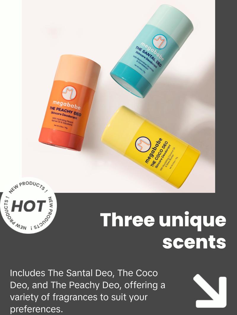 Megababe Scent-sational Deo Trio - 3 Skincare Deodorants with 72 Hour odor protections | The Santal Deo, The Coco Deo, The Peachy Deo