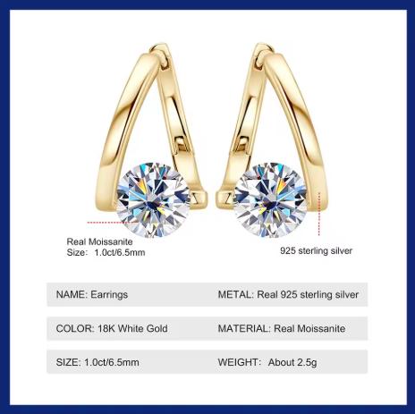 Moissanite 2 Carat Heart Earrings 925 Sterling Silver Clip Earrings Gold Color Moissanite Unisex Elegant Design