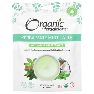 Organic Traditions Yerba Mate Mint Latte with Matcha and Probiotics, 5.3 oz (150 g)