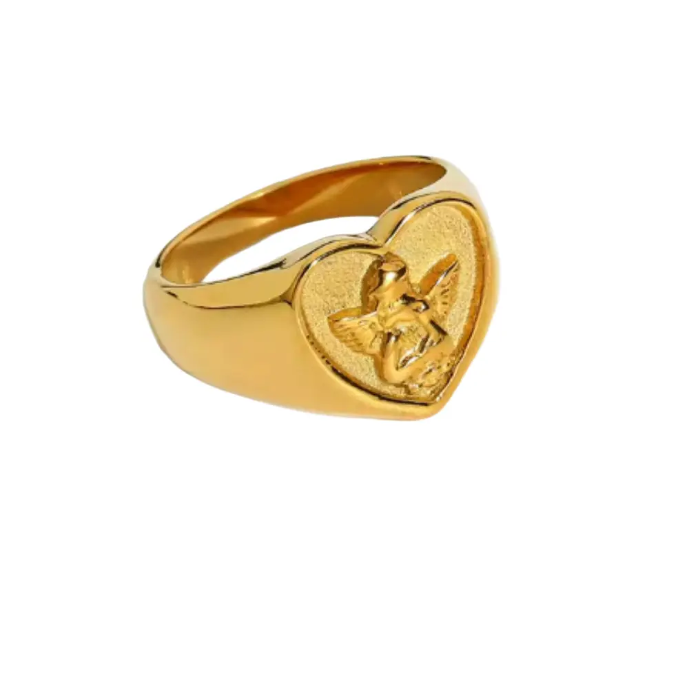 Heart Shaped Cherub Signet Ring - 18k Gold Plated 316L Stainless Steel