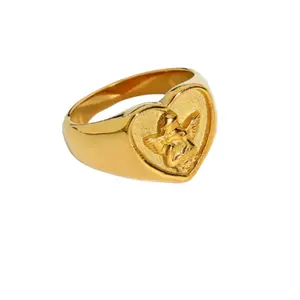 Heart Shaped Cherub Signet Ring - 18k Gold Plated 316L Stainless Steel