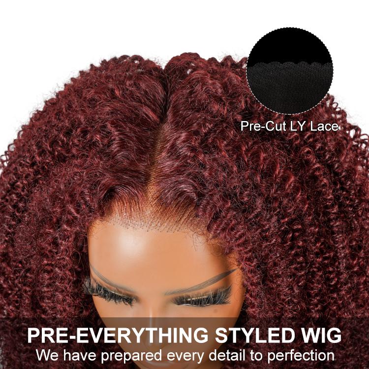 [Clearance Sale] Wiggins Hair Cherry Cola Red Color Glueless Human Hair Wigs Afro Kinky Curly Wig 5x7 Lace Closure Human Hair Pre Cut Pre Plucked Ready to Go Glueless Wigs