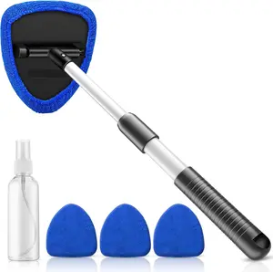 Windshield Cleaning Tool, 23-inch Extendable Handle Car Window Cleaner with 4 Reusable and Washable Microfiber Pads, Auto Glass Wiper Kit for Interior & Exterior, Ideal for Dirty Car Windows, Blue