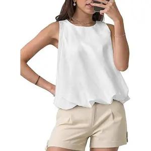 Cicy Bell Women‘s Silk Satin Cropped Tank Tops Bubble Hem Summer Trendy Sleeveless Shirts Crew Neck Loose Fit Blouses Basic Minimalist Fitted Original