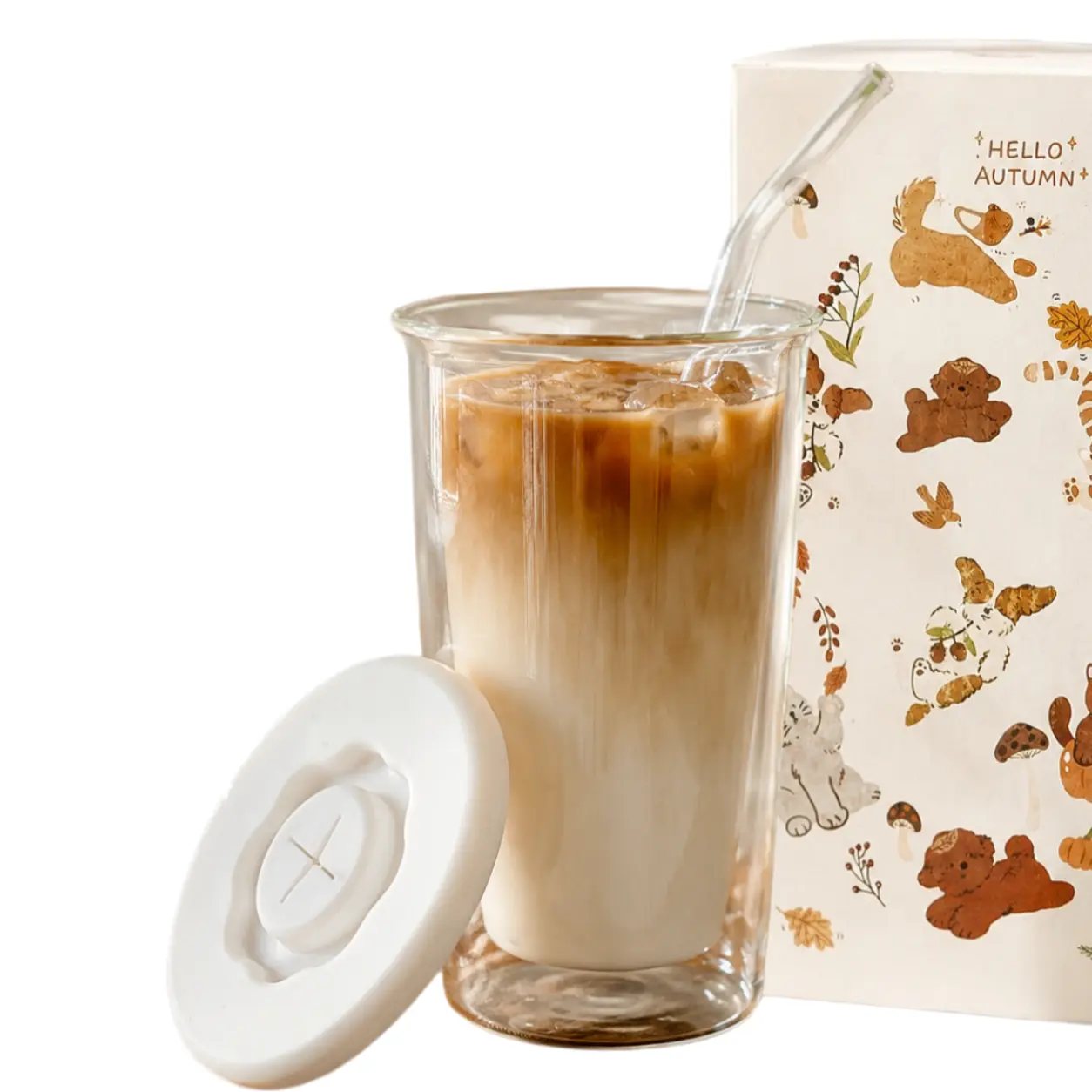 Double Wall Glass Cup with Silicone Lid & Straw, Iced Coffee Tumbler
