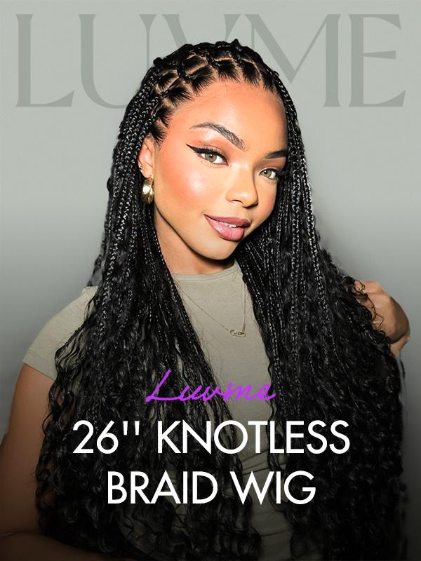 Luvme Braided Wig Knotless 26'' Braids Wig Boho Briaded Wigs Box Braid Human Hair Curls Flexi-Fit Invisi Drawstring Cap HD Full Lace Super Natural Scalp