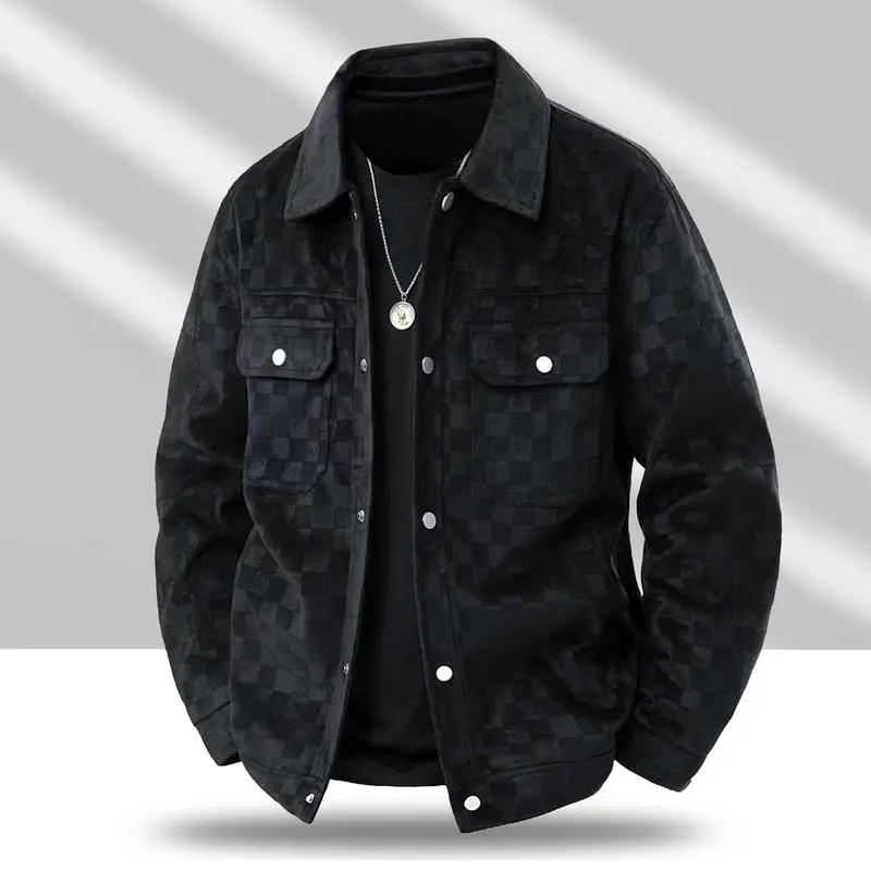 Men’s black patterned long-sleeve jacket — menswear, men’s clothing, featuring a front flap pocket and button closure, a stylish and practical top suitable for autumn.