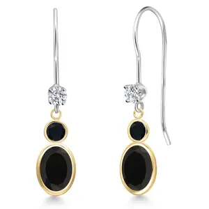Gem Stone King 14K Two Tone Gold Black Onyx and Lab Grown Diamond Dangle Earrings for Women | 1.74 Cttw | Gemstone December Birthstone | Oval 7X5MM
