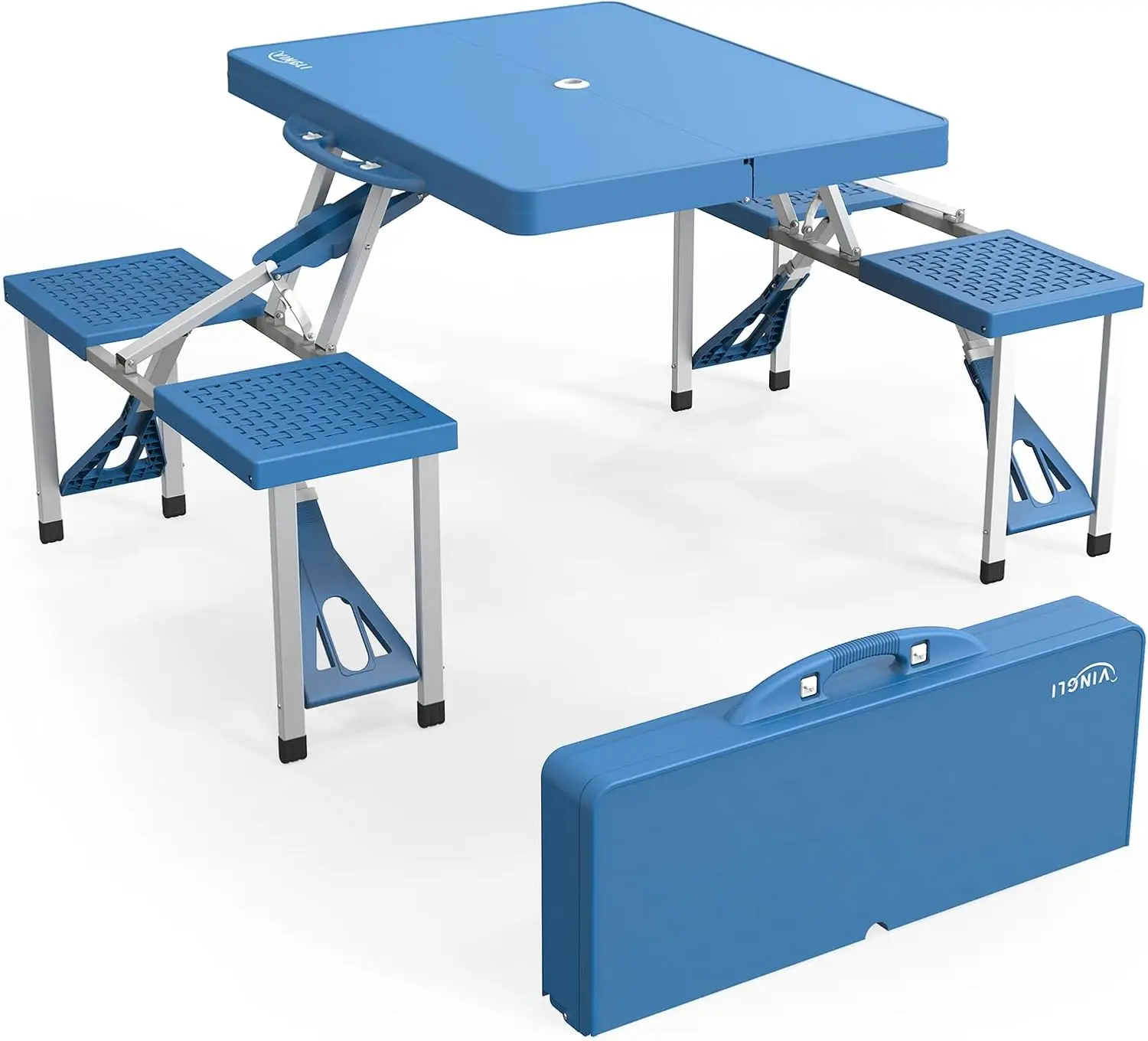 VINGLI 4 Ft Outdoor Patio Furniture Picnic Dining Table Set - 4 Seats, Umbrella Hole, Lightweight Foldable Portable Table, Aluminum Frame, Plastic RV Tabletop, 220 Lbs Support, Camping Supplies for Family Use, Portable Foldable Table