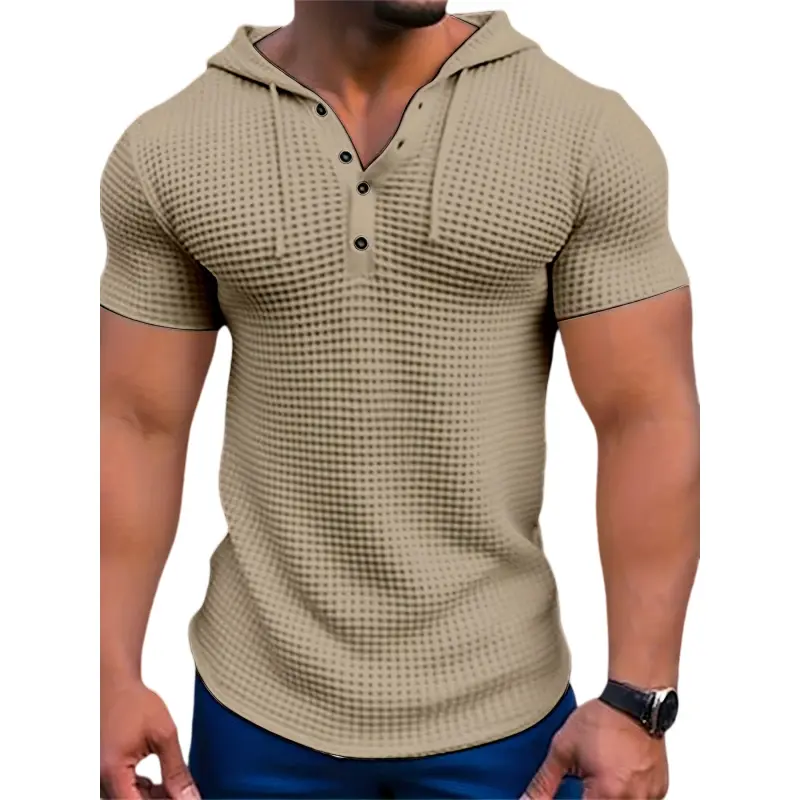 Men's Hooded Waffle Knit T-Shirt, Casual Short Sleeve Slim Fit Pullover with Button-Front for Summer Wear, Figure