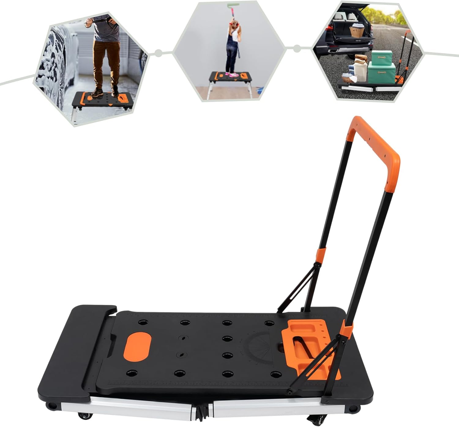 TECSPACE 7in1 Work Bench Multifunctional Portable Foldable Workbench Painted Work Table as Workbench, Scaffold,Platform,Sawhorse,Car Creeper and Hand Truck with 4 Wheels