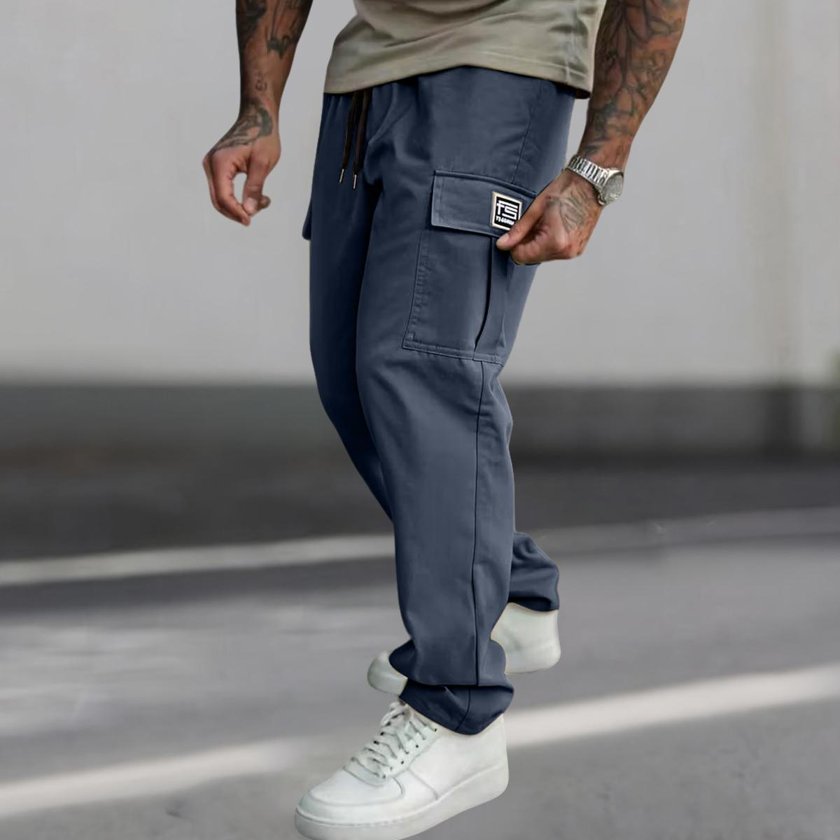 Men's casual work pants, solid color, elastic waistband, and multiple practical pockets suitable for outdoor work and leisure sports wear, men's casual pants, men's long pants