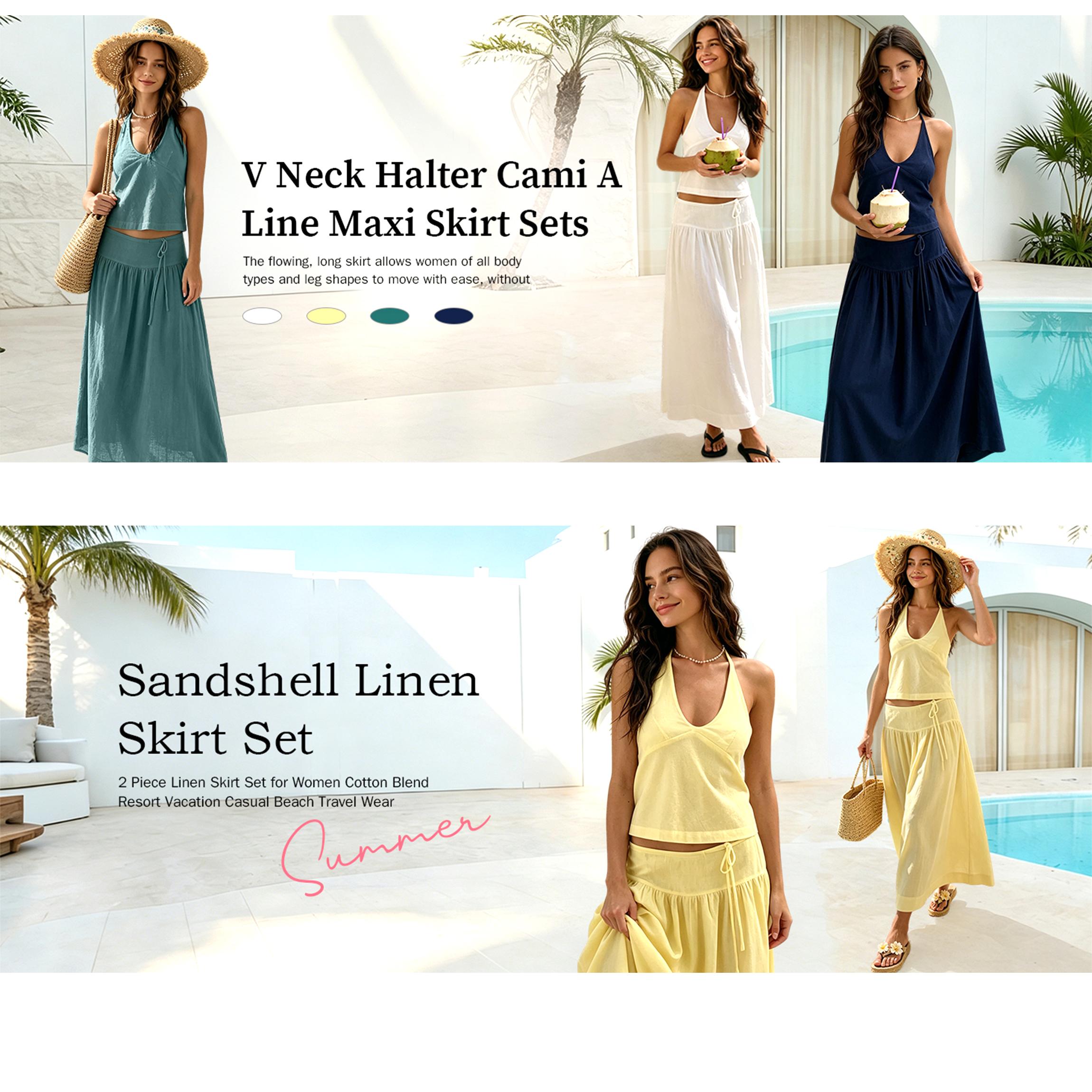 Buenoble Sandshell Linen Skirt Set Women’s 2 Piece Halter Top Flowy Maxi Skirt, Backless Summer Outfit, Beach Vacation Resort Matching Set Buenoble Sandshell Linen Skirt Set Women’s 2 Piece Halter Top Flowy Maxi Skirt, Backless Summer Outfit, Beach Vacation Resort Matching Set