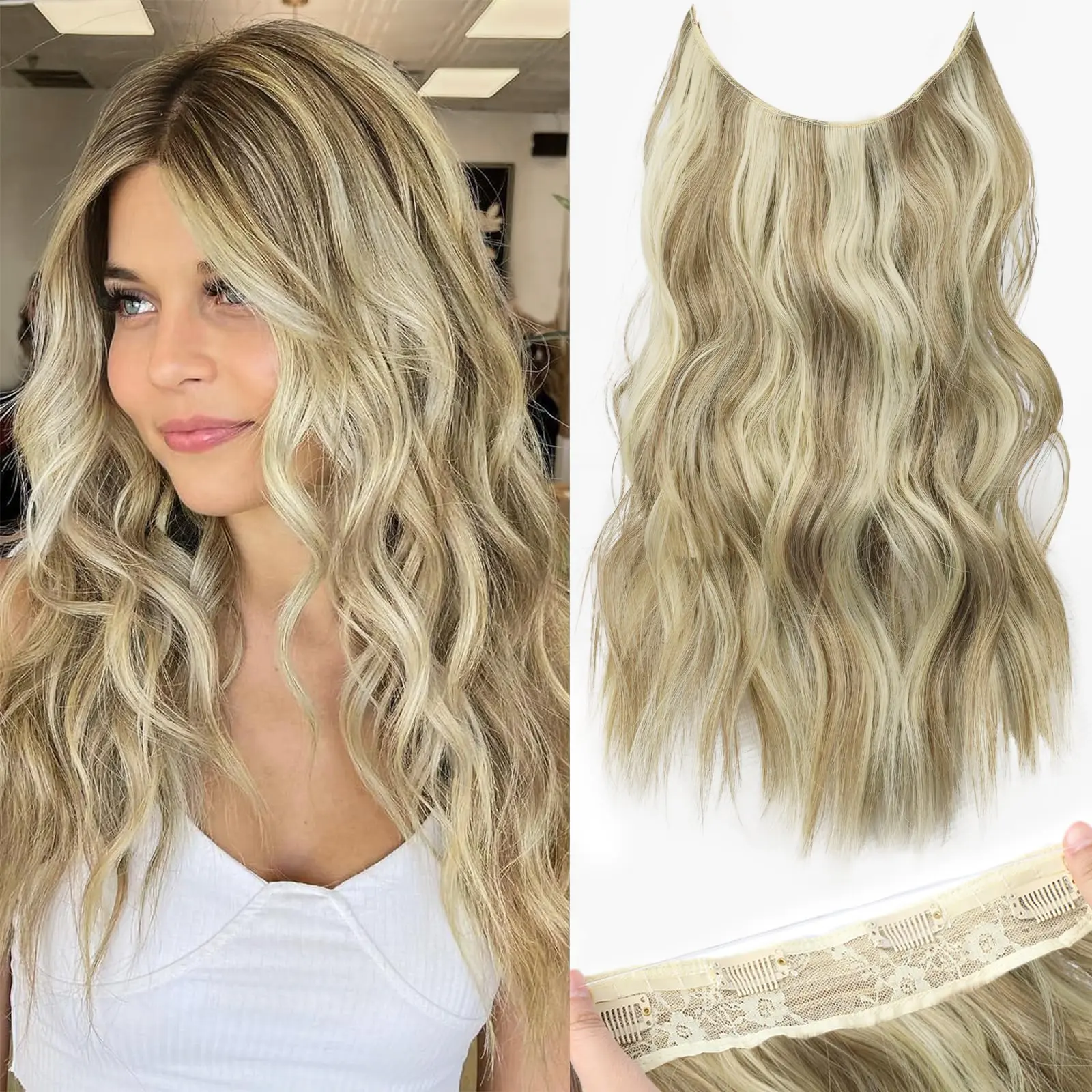 AISI HAIR 16/24 inch Curly Wavy Invisible Wire Hair Extensions with Transparent Wire Hairpieces for Women halo hair Wavy Synthetic Hair Glueless Clip In