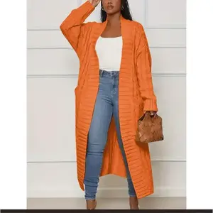 Plus Size Casual Cardigan, Women's Plus Cable Knitted Long Sleeve Open Front Medium Stretch Sweater Cardigan With Pockets