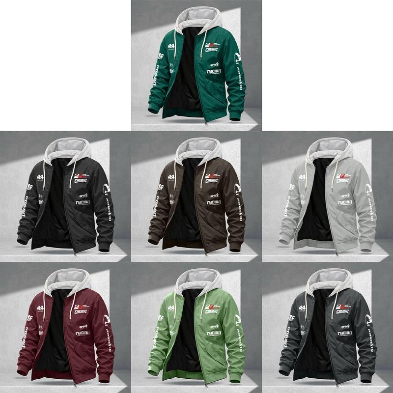Men's stylish trendy versatile jacket with adjustable hood, featuring racing-themed print, windproof and abrasion-resistant surface design, suitable for competitions, street outings, attending racing-themed parties and gatherings, everyday casual wear, co