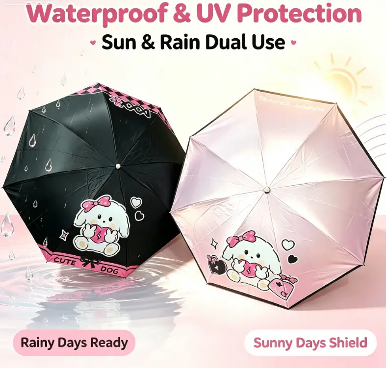 Cute Cartoon Rabbit 3-Fold UV Umbrella, Kawaii Sun-Rain Dual-Use Portable Lightweight Waterproof Folding Parasol