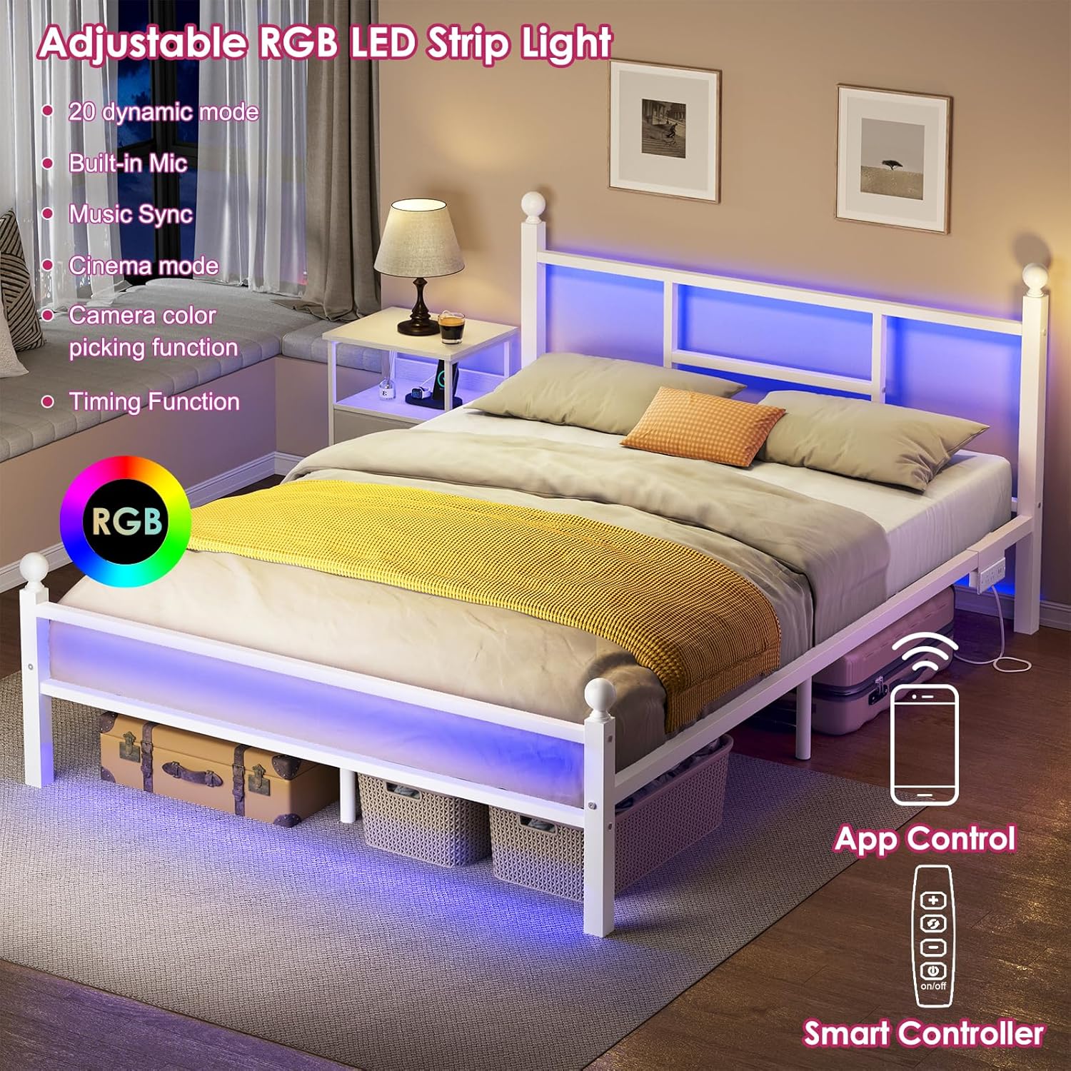 Full Size LED Bed Frame with Charging Station, Metal Platform Bed with USB Ports & Outlets, Heavy Duty Frame with Under Bed Storage, Easy Assembly