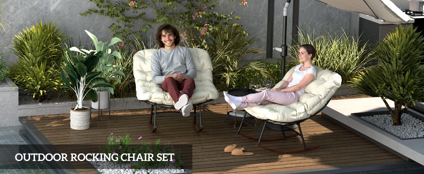 Outsunny Outdoor Rocking Chair Set of 2, Oversized Rocking Papasan Chairs with Cushions, Steel Frame, Comfy Rockers for Patio Porch Lawn Garden, Black