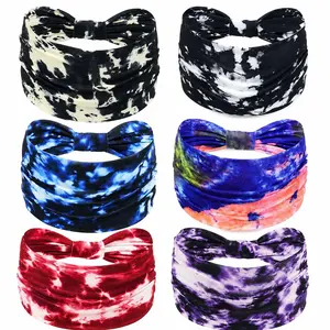 6 Pack Tie Dye Stretch Cotton Headbands for Women Boho Yoga Sport Hair Band Wide Sweat Wraps