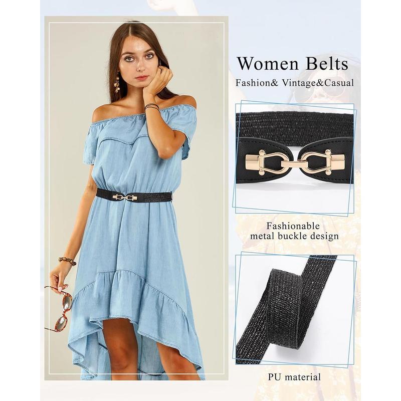 2-Piece Set Women Straw Belt Elastic Waist Metal Buckle Breathable Elegant Boho Braided Belt for Dress Casual