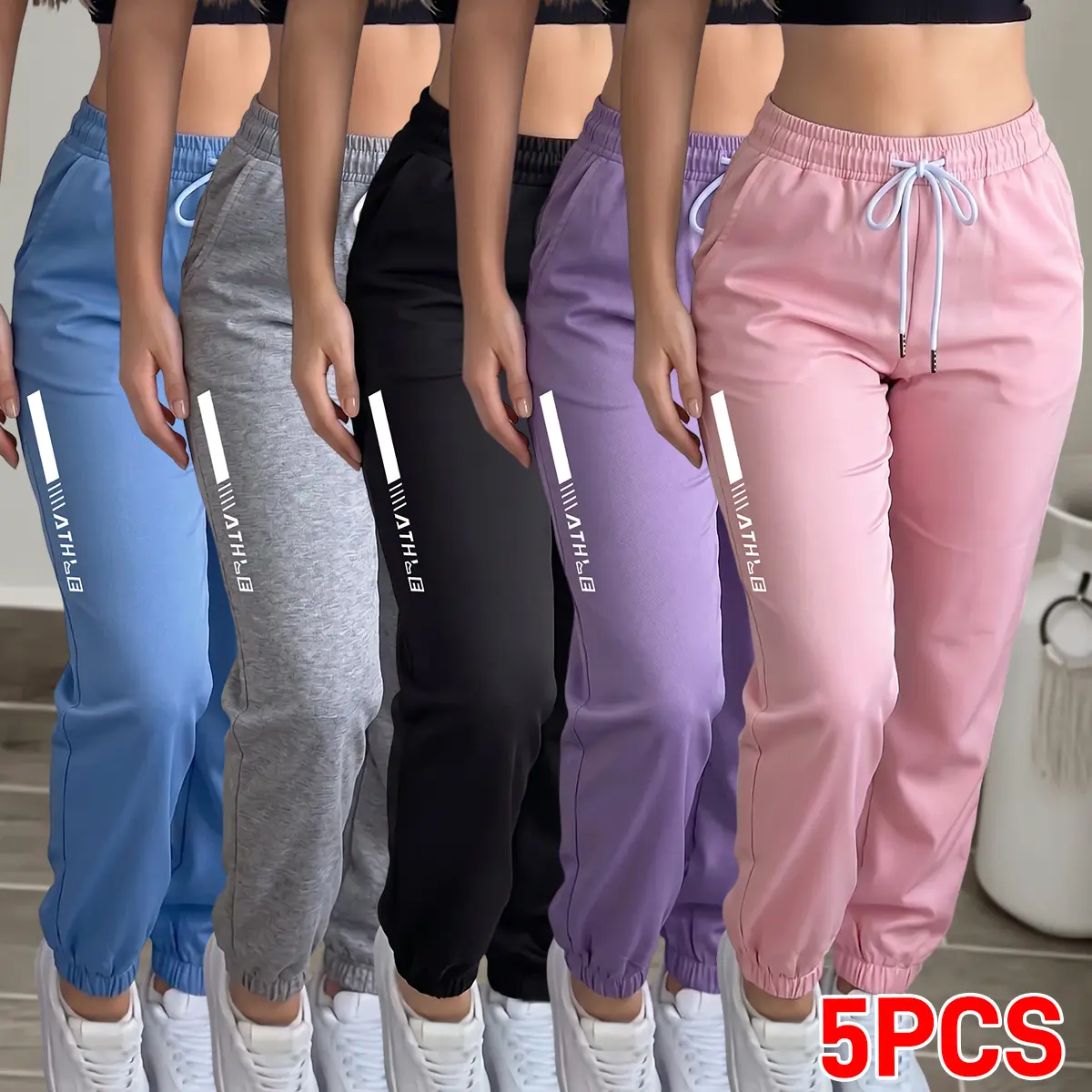 5PCS women’s lightweight ultra-thin straight casual athletic pants; four-season drawstring design with stylish pockets; suitable for outdoor sports and everyday outings; summer vibe; stretchy fabric. Stretch casual sports pants with pockets—stylish fo