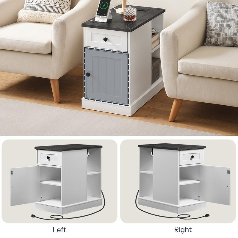 HOOBRO End Table with Charging Station, Side Table with Outlets and USB Ports, Bedside Table with Drawer and Cabinet, Nightstand with Storage, Farmhouse Style, for Living Room, Bedroom, Study, Office, White and Charcoal Gray