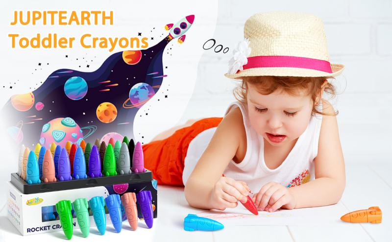 24 Colors Crayons for Toddlers, Non-Toxic Washable Rocket Crayons, Easy-to-Hold Coloring Gifts & Mess-Free Art Supplies for Little Hands
