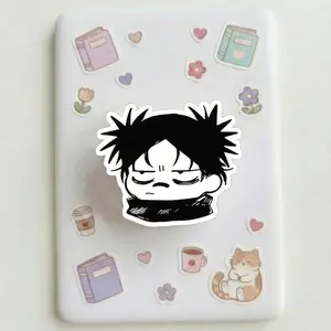 JJK Grumpy Anime Boy Kindleholder – Tired Face Chibi Sorcerer Character, Relatable Mood Black Hair Grip, Magneticphonegrips for Students, Funny Bestie Gif