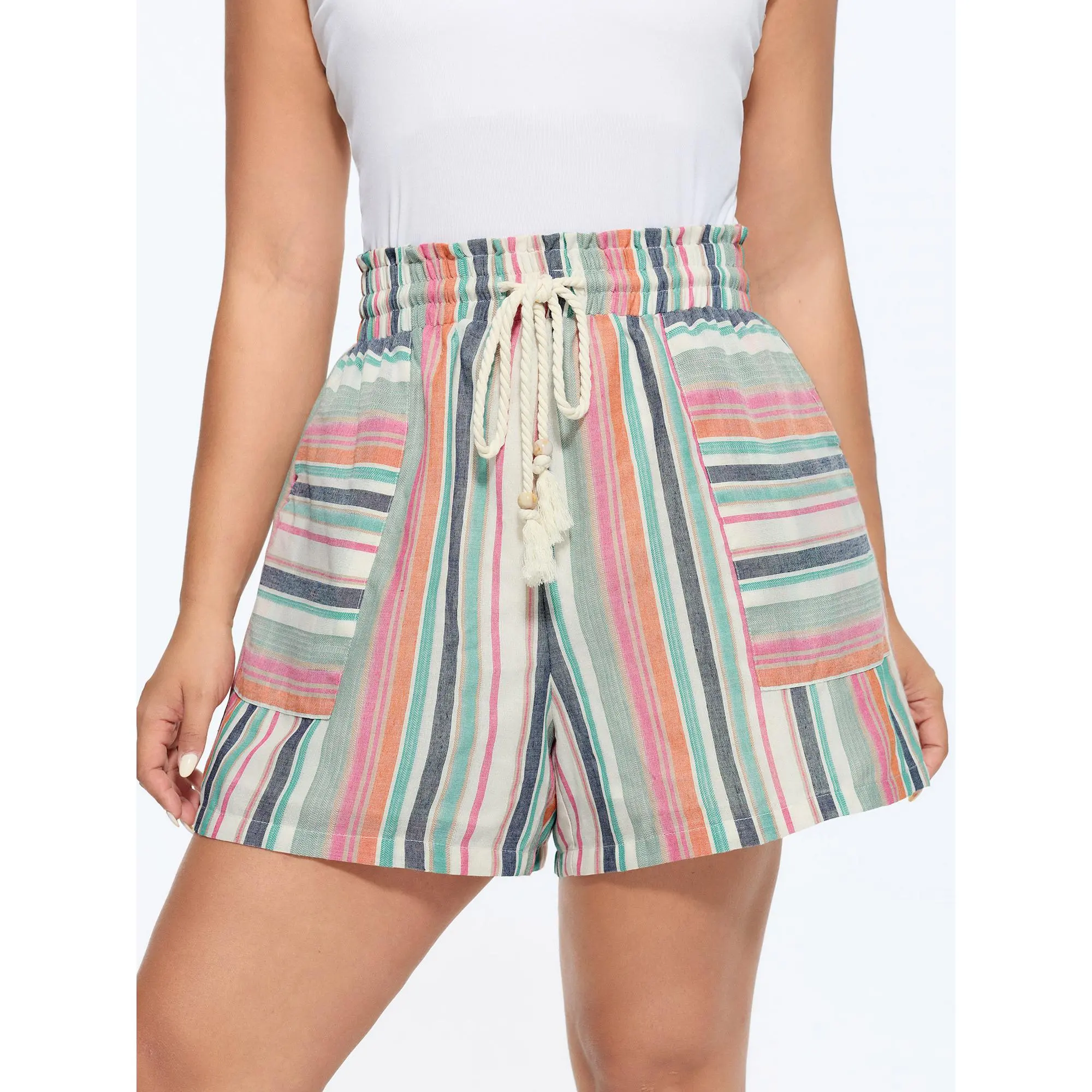 BloomChic Women's Plus Size Striped Lace Up Bottom, Cotton Blend Summer Shorts with Shirred Waist, Ruffles and Tassels, Garment, Lady, Fit, Fabric, Casual, Clothes, Mid Waist, Machine Wash, Cold Wash, 14-16/1X, Smooth, Polyester