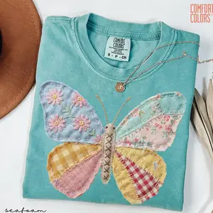 Comfort Colors Faux Patchwork Butterfly Shirt, Spring Butterfly Shirts, Easter Shirts for Women, Floral Spring Patchwork, Gifts for Her