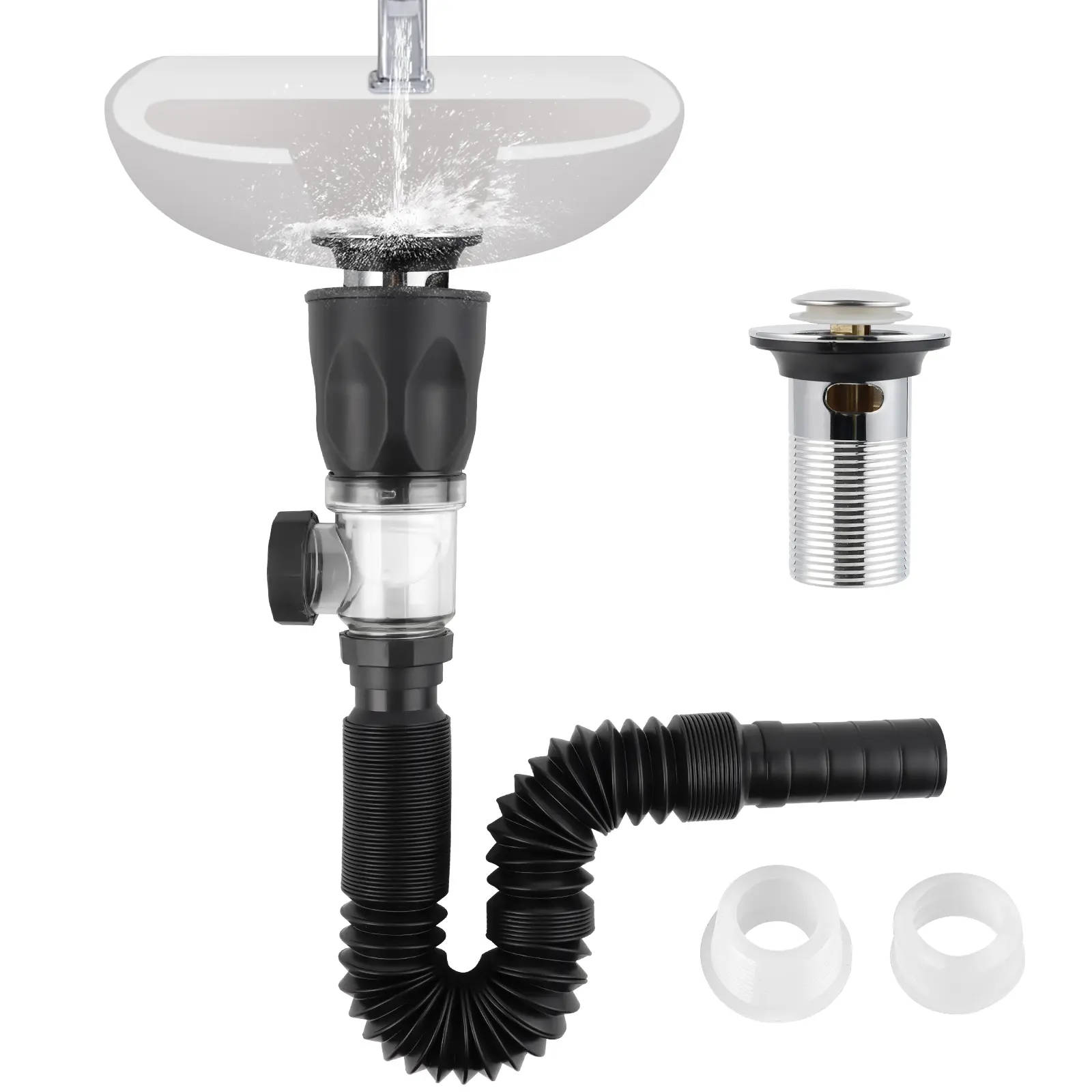 Hibbent Chrome Bathroom Sink Drain Kit Plumbing Accessory, Bathroom Fixture with Flexible P-Trap, Pop-Up Stopper, Expandable Tubing, 2 Adapters, Hair Catcher, Fits 1-1/4'', 1-1/2'', 2'' Holes, Plumbing Accessories, Bathroom Fixtures