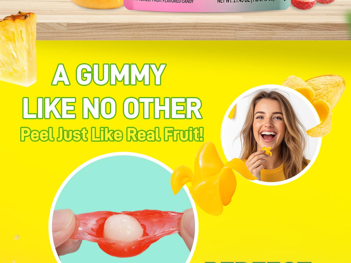 Amos Peelerz Fruity Gummies 608g New Tropical Edition Lychee Kiwi Peach Mixed Pack Mango Lychee Pineapple Exotic Chewy Fruit Candy Low Sodium Fat Free Sweet Juice Snack Bonbon